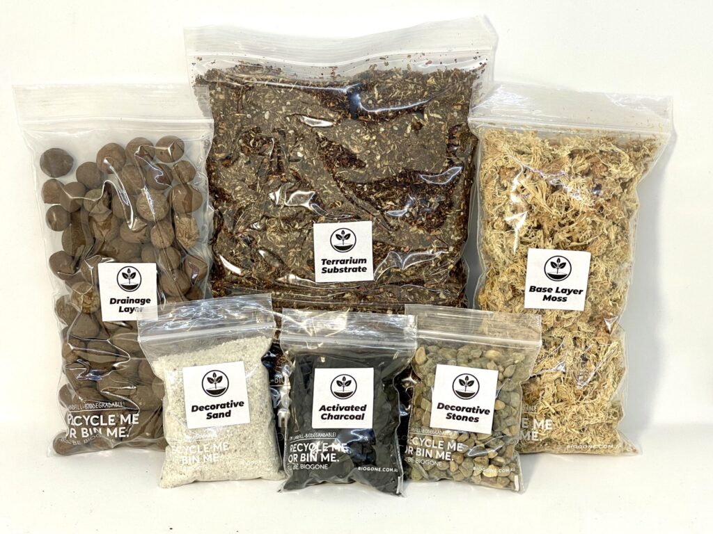 Eko lab substrate kit, including drainage layer, barrier moss, charcoal, premium substrate, sand and stones