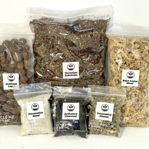 Eko lab substrate kit, including drainage layer, barrier moss, charcoal, premium substrate, sand and stones